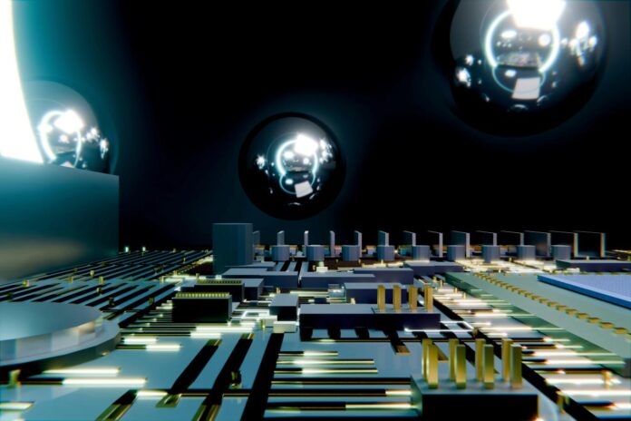 Abstract circuit board with glowing elements and reflective spheres