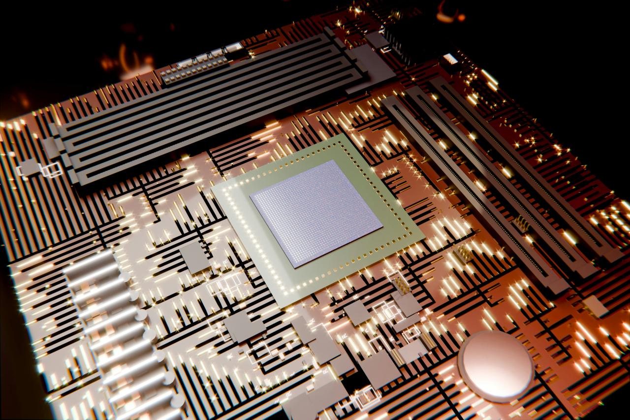 Glowing computer motherboard with a central processor chip