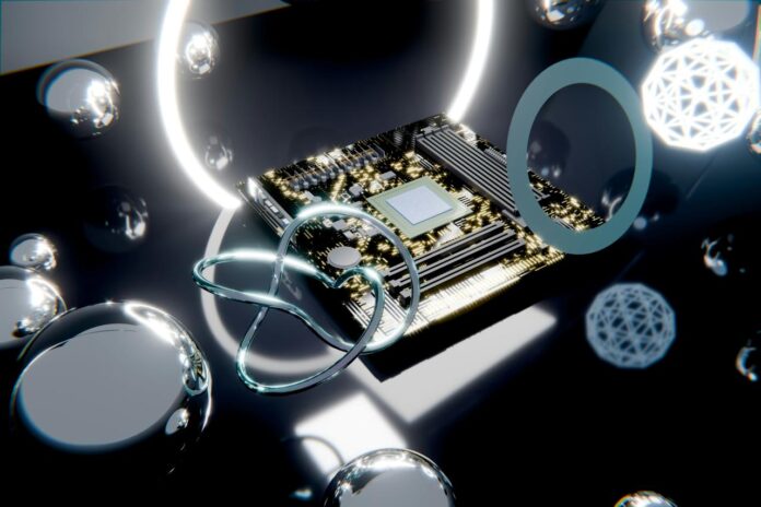 Motherboard with processor, glowing rings, and metallic spheres