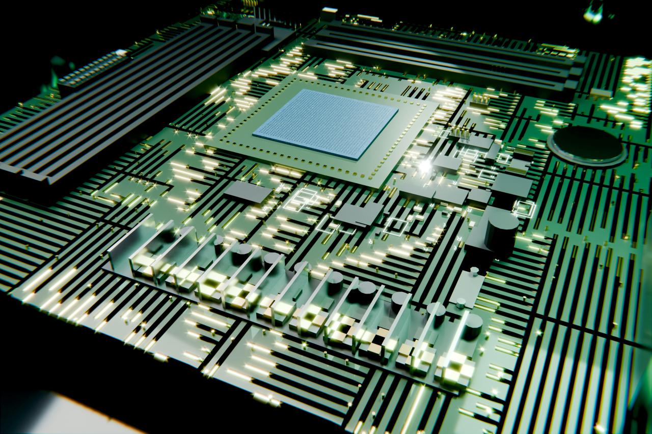 Green circuit board with a central processor and glowing components