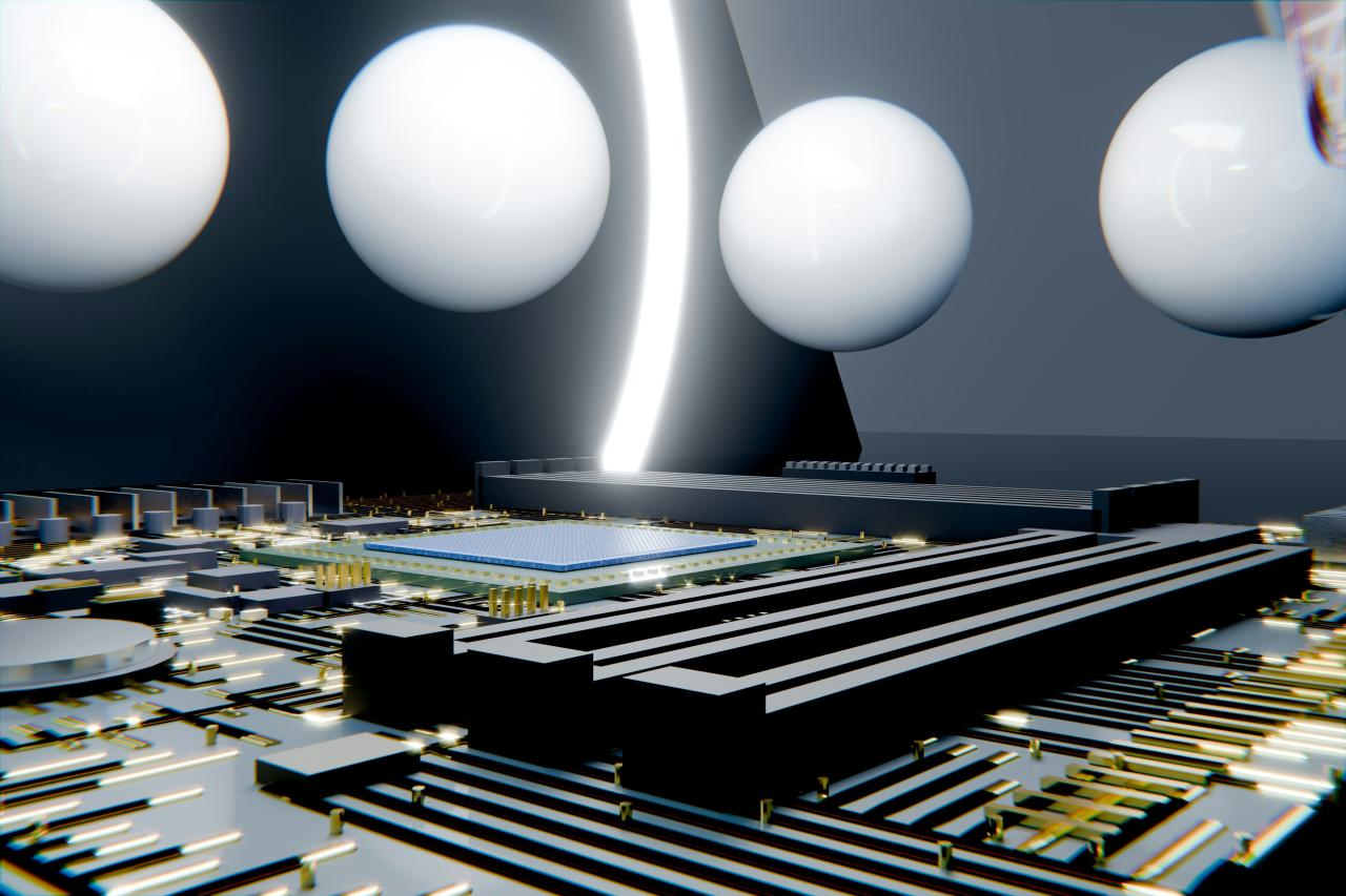 Futuristic circuit board with white spheres and glowing light