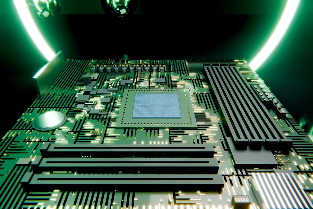 Green circuit board with a central processor and glowing light
