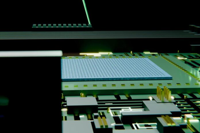 Electronic circuit board with a prominent blue microchip